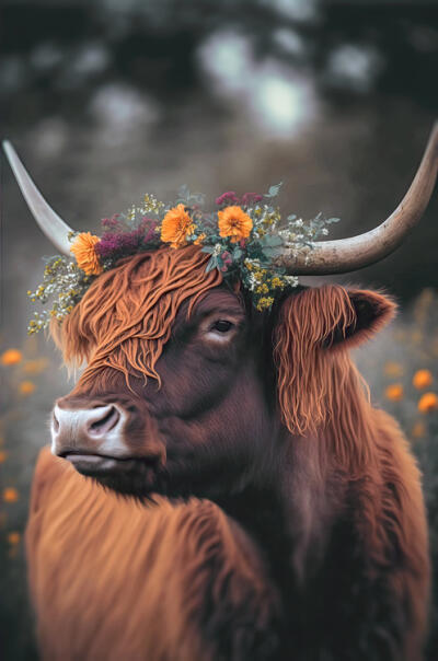 Highland Cow With Flowers